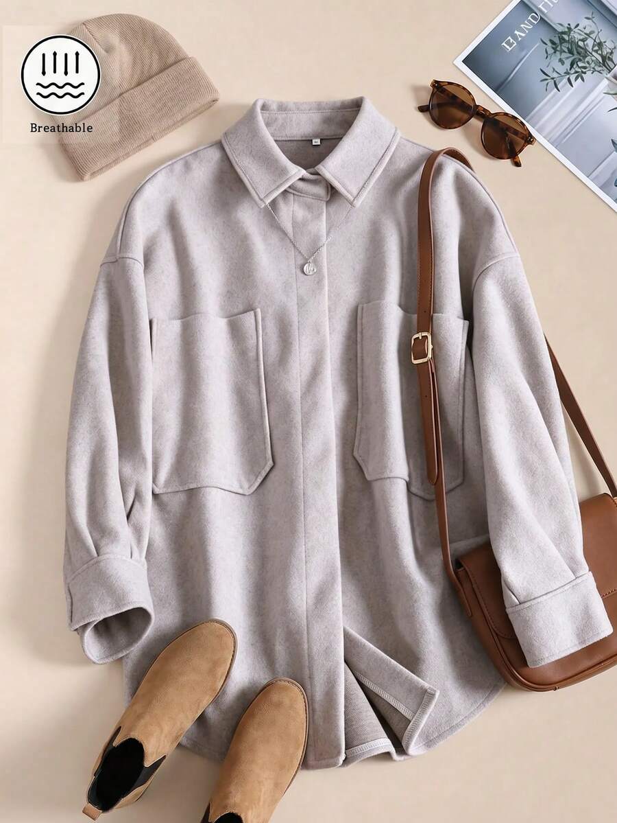 Women's Solid Color Long Sleeve Shacket With Pockets, Autumn/Winter - Khaki - View 1