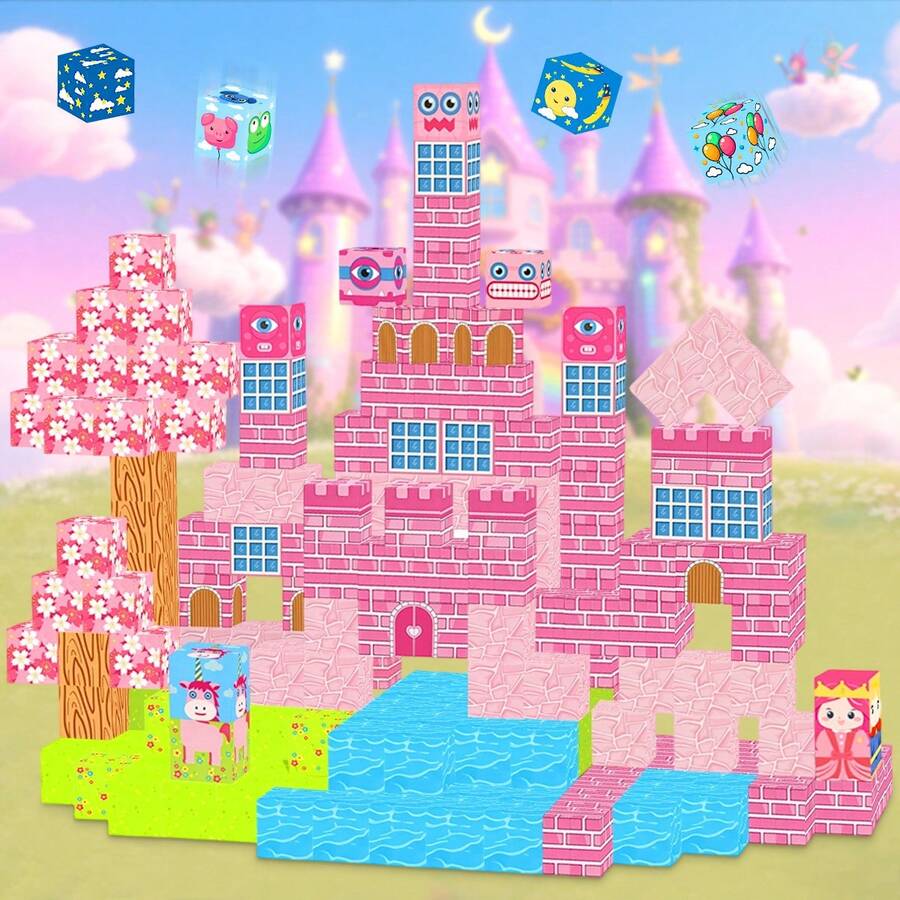 Sakura Castle Magnetic Blocks Gift Box, Ideal Holiday Gift For 3+ Girls, Pink Themed & Multi-Spec Educational Toy - Multicolor - View 1