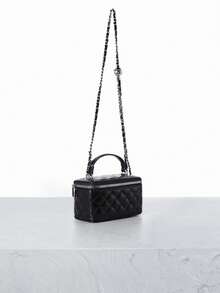 CHICVUE 1pc Fashionable PU Quilted Embroidered Box Bag, Versatile Zipper Closure Small Square Handbag With Chain Strap For Women - Black - View 3