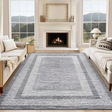 Techigher Modern Bordered Runner Rug, Washable Non-Slip Geometric Hallway Carpet, Distressed Low Pile Indoor Floor Mat For Kitchen, Entrance & Bedroom - Grey - View 3