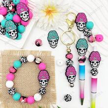 32/44 pièces Ensemble de perles en silicone en forme de crâne, perles roses et turquoises en forme de crâne, décoration de collier, bracelet, bijoux et pendentif DIY, cadeau pour les fêtes et anniversaires - Chapeau à tête de mort - Voir 3