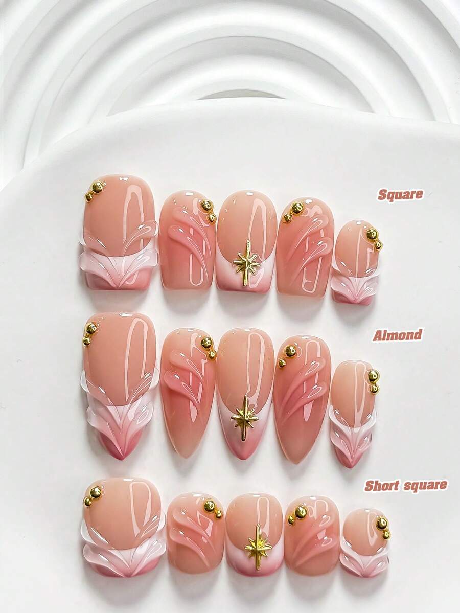 10入甜美風手工穿戴式美甲貼片組,Polygel 凝膠美甲,星星放射線條美甲飾品,粉白配色,溫柔名媛風,附美甲工具(1張果凍貼+1個美甲搓條),3種尺寸可選,方甲、短方甲、杏仁甲,適合聚會、日常、派對、拍照、休閒、春夏通勤 - 彩色 - 查看 1