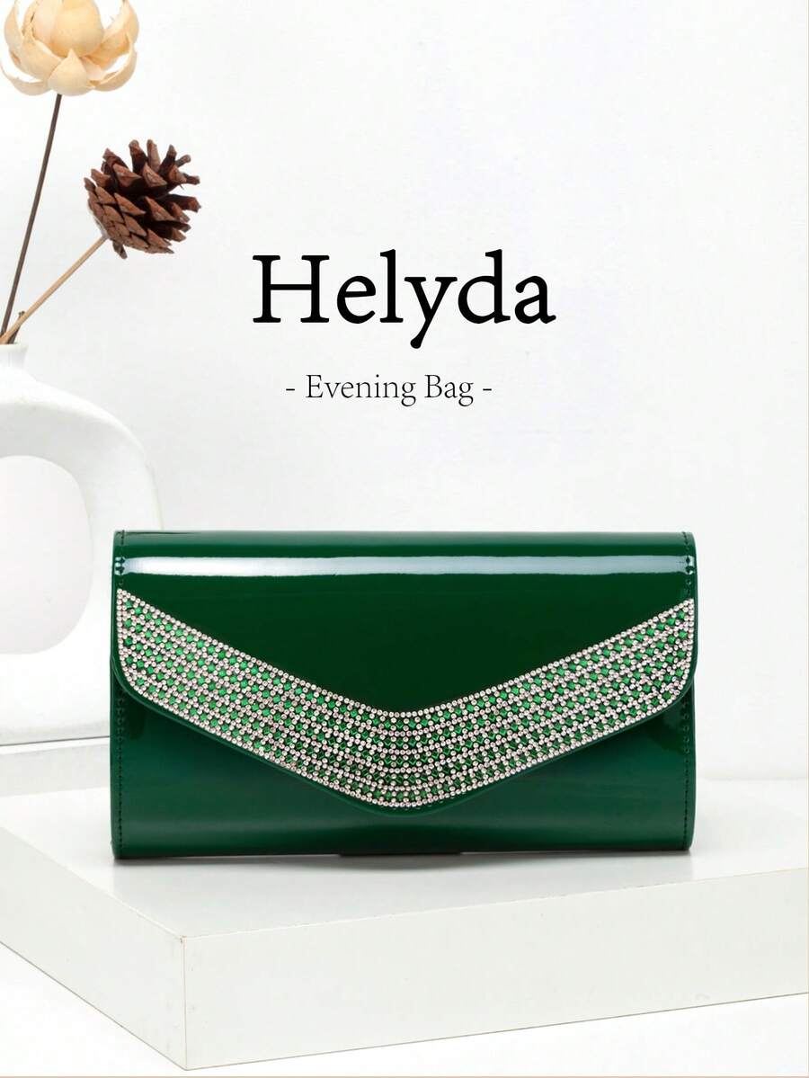 Helyda 1件深綠色鏡面PU材質女款手拿包晚宴包,飾有閃亮水鑽,可手提/手持/肩背/斜背,適用於婚禮/派對/舞會/晚宴及其他聚會 - 墨綠色 - 查看 1