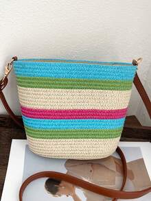 1 pezzo Borsa da spiaggia a quadri colorati, borsa a tracolla in paglia casual e pratica per donne, elegante borsa a tracolla, borsa da spiaggia per vacanze estive, può contenere portafoglio, borsetta, cosmetici, accessorio da viaggio essenziale, ottimo regalo per vacanze estive per la fidanzata o la mamma - Multicolore - Visualizzare 13