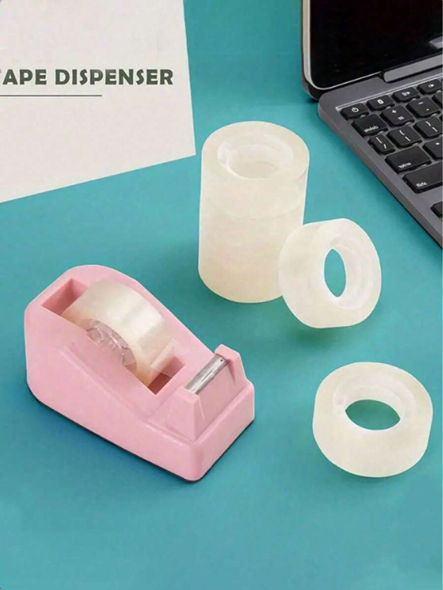 1 Set 7pcs Pink Tape Dispenser (1 Cutter + 6 Rolls Transparent Tape), For Office, Home, School Transparent Gift Wrapping Tape - A - View 1