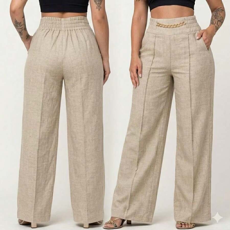Elegant Women's Linen Trousers With Wide Legs, Studded Belt Detail, High Waist And Ankle Length For A Sophisticated Look. - 米色 - 查看 1