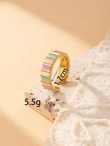1pc Dopamine Macaron Glazed Stainless Steel Open Ring, Sweet Heart & Flower Design, Stackable Metal Ring, Girly Style Accessory, Adjustable Size - Yellow Gold - View 3