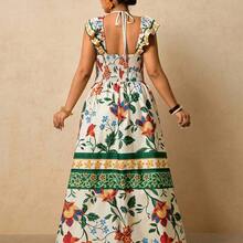 guang zhou mi qian shang mao  Vestido largo de mujer talla grande con estampado floral tropical, cuello en V, mangas con volantes, cintura ceñida y falda en línea A, vestido romántico para vacaciones en primavera temprana - Negro01 - Ver 3