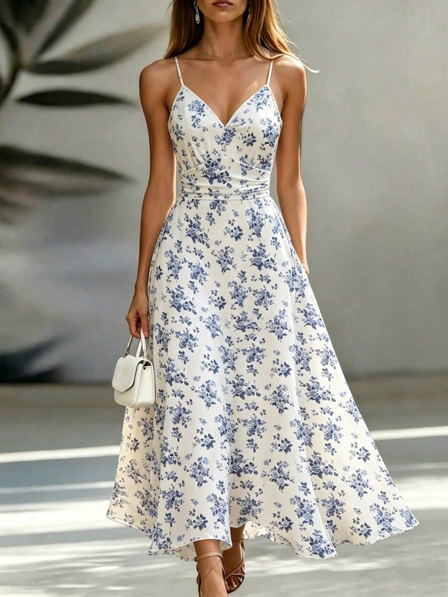 Damen lässig Elegant Blümchen Maxikleid, Boho-Stil, geeignet für Strandurlaub und tägliche Dates, Sommer - Blau - Übersicht 1