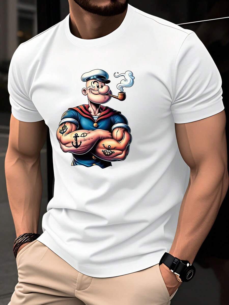 Camiseta 100% para hombre, de manga corta para verano, ligera, moderna y elegante, de corte ajustado para uso casual juvenil, versátil para uso diario, con un diseño único que presenta un estampado de de dibujos animados con elementos de tubo y ancla. - Blanco - Ver 1