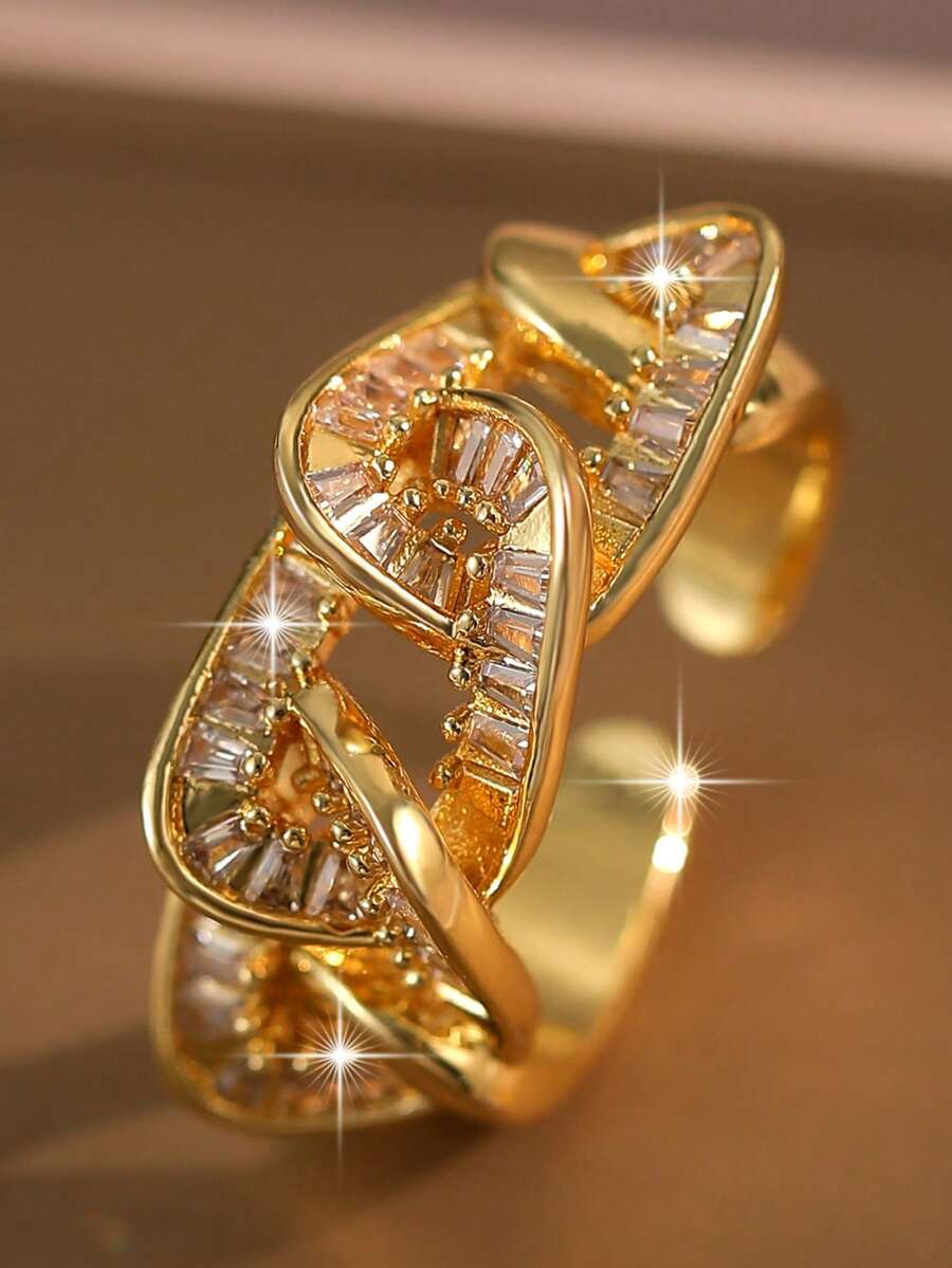 1pc Punk Chain Like Gold Plated Openable Rings Hip Hop Cubic Zirconia Metal Style Couple Ring For Women Birthday Music Festivals Dating Party Copper Accessories - Chain - View 1
