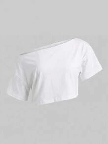1pc Solid Color Asymmetric Neck Cropped T-Shirt, Casual & Date Wear, Spring/Summer - White - View 6
