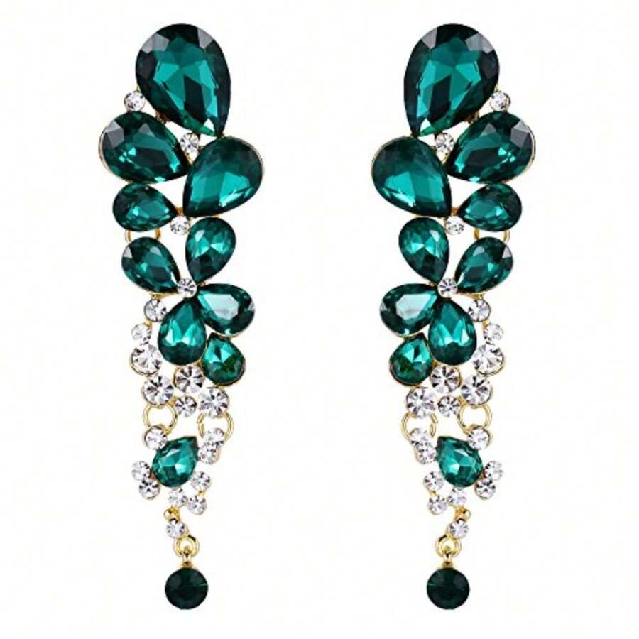 Bridal Fashion Earrings - Silver Tone Green - View 1