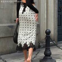 Fengyu Women's Clothing Store Falda de mujer elegante, versátil y de moda con contraste de encaje y lunares de satén vintage - Negro - Ver 4