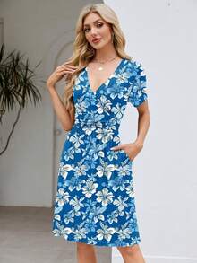 Womens Summer Dresses For Women 2026 Spring Floral Sundress Short Sleeve V Neck Wrap Dress With Pockets Festival Outfits Elegant Dress For Women Dress For Women - 12號海軍藍花卉圖案 - 查看 4