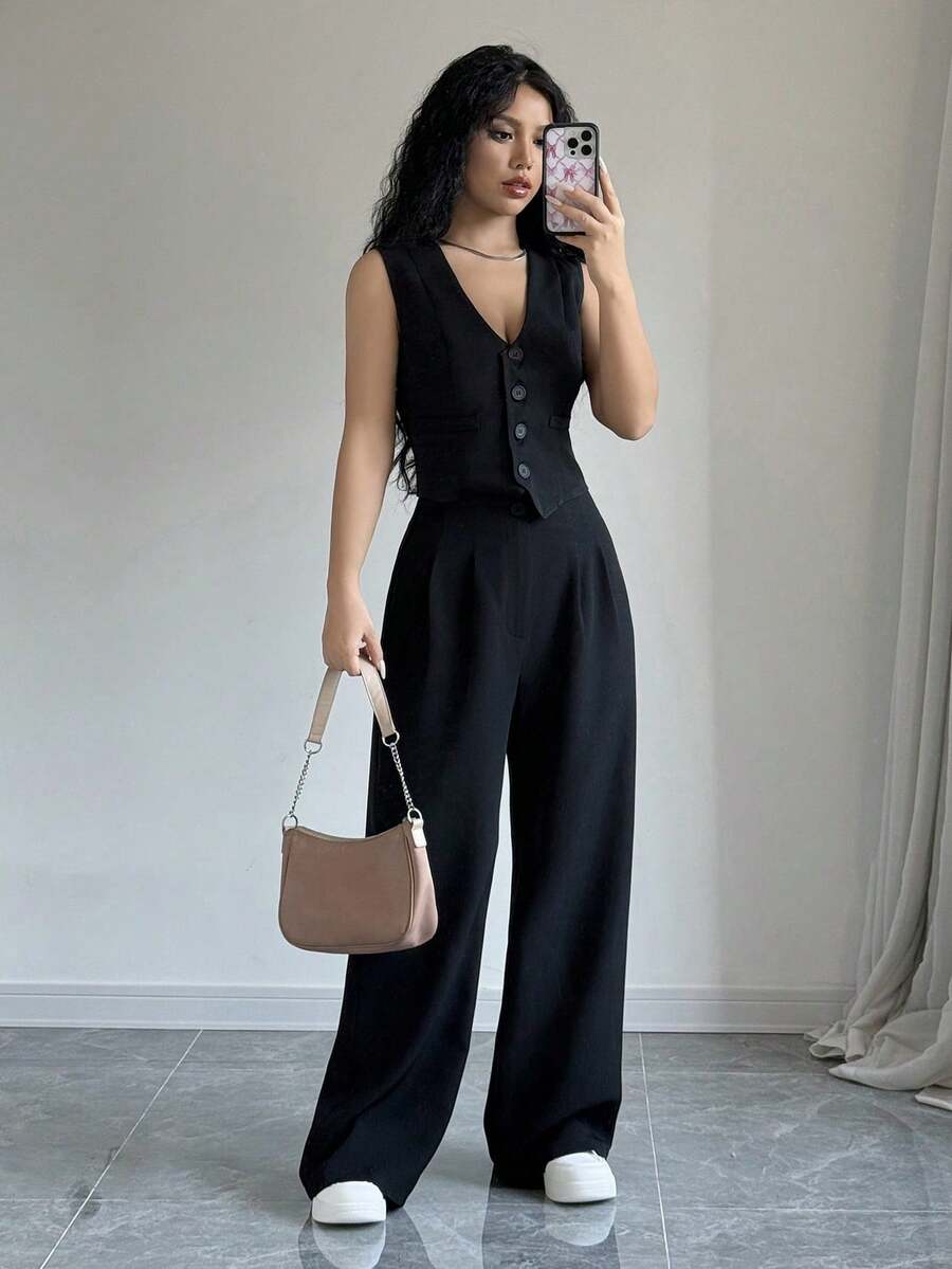 Conjunto de chaleco sin mangas y pantalones - Negro - Ver 1