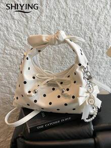 Sac à main à pois à la mode, sac à bandoulière multifonction pour femmes, sac croissant vintage avec décoration de nœud papillon et cordon de serrage - Blanc - Voir 4