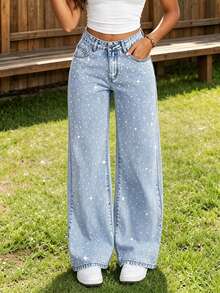 Teen GirlFashion Rhinestone Embellished Loose Wide-Leg Jeans - Light Wash - View 5