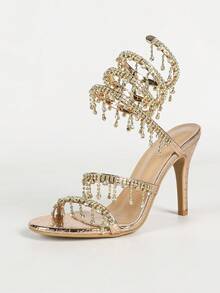 Women's Stiletto High Heel Sandals, Round Toe Fashion Strappy Rhinestone Snake Wrap Open Toe Minimalist Summer Autumn Basic Style - Light Gold - View 12