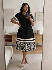 SHEIN Lady CURVE 大码夏季休闲几何印花拼接连衣裙 - 彩色 - 查看 3