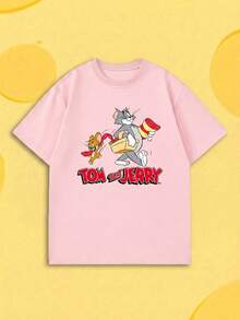 SHEIN X Tom & Jerry 女款鮮豔短袖T恤，野餐互動印花圓領上衣，寬鬆透氣百搭T恤，適合戶外野餐，清新風格粉色休閒款 - 粉色 - 查看 1