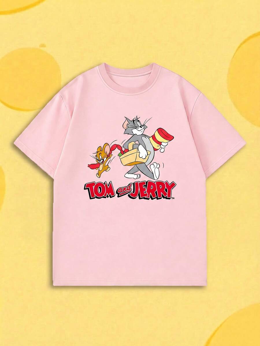 SHEIN X Tom & Jerry 女款鮮豔短袖T恤,野餐互動印花圓領上衣,寬鬆透氣百搭T恤,適合戶外野餐,清新風格粉色休閒款 - 粉色 - 查看 1