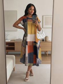 SHEIN Lady CURVE Plus Size Colorblock Print Casual Vacation Dress\Summer Summer Dress Summer Outfits Summer Clothes Spring Dress Spring Outfit Women Spring Elegant - Multicolor - View 1