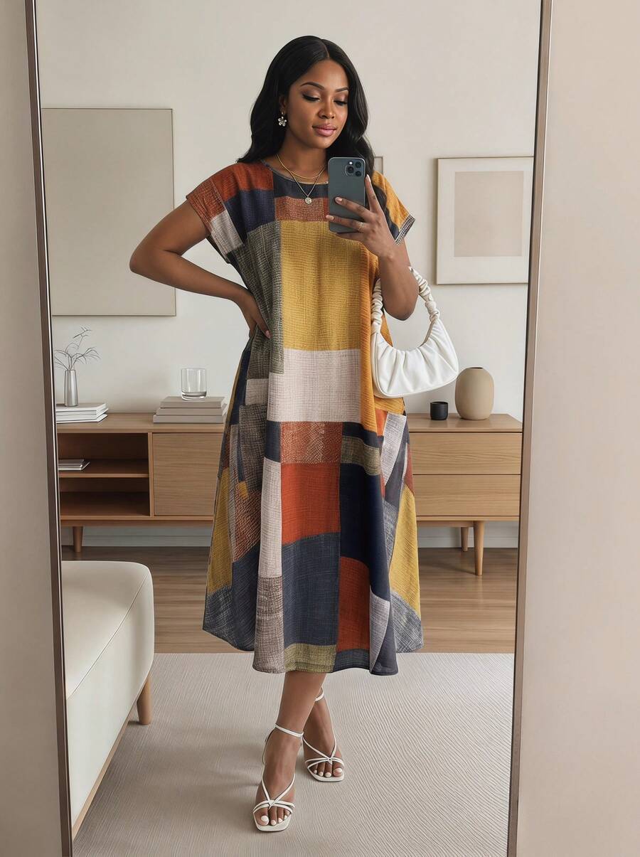 SHEIN Lady CURVE Plus Size Colorblock Print Casual Vacation Dress\Summer Summer Dress Summer Outfits Summer Clothes Spring Dress Spring Outfit Women Spring Elegant - Multicolor - View 1