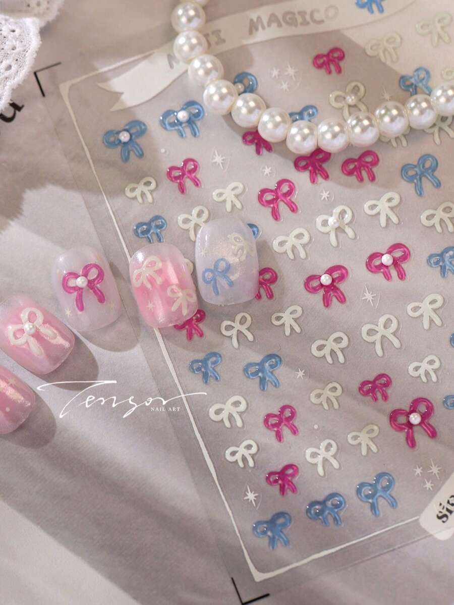 5D卡通果凍蝴蝶結浮雕美甲貼紙，多色珍珠蝴蝶結與星星自黏美甲貼片，甜美可愛Y2K風格DIY美甲裝飾，適用夏季秋季居家美甲沙龍與穿戴甲配件，1張