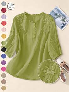 Women's Embroidered Lightweight Loose Retro Casual Midi Shirt, Plus Size, Spring/Summer - Green - View 4
