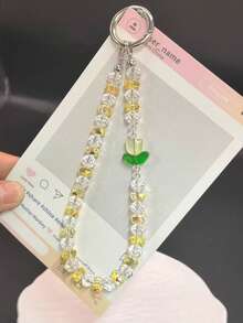 1pc Girls Beaded Phone Lanyard Wrist Strap Tulip Crystal Charm Pendant For Bag And Keychain - Multicolor - View 5