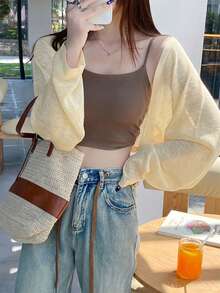 Leichte Damen Strickjacke Bolero, dünner gestrickter Bolero Pullover für Frühling/Sommer - Gelb - Übersicht 2
