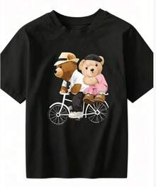 1 Women's Short Sleeve Crew Neck T-Shirt, Featuring A Creative Bear Design And Seasonal Embellishments, Eye-Catching And Stylish, Loose Fit And Crew Neck Design, Suitable For Everyday Wear And An Ideal Choice For The Whole Family. - 黑色 - 查看 2