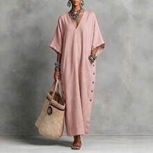 2026 New Linen Loose V-Neck Side Button Vacation Casual Long Dress - Khaki - View 2