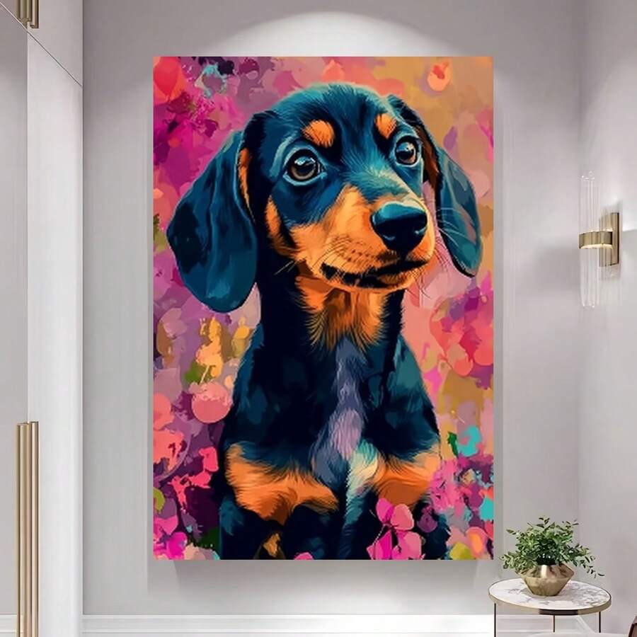 Enmarcado 1 lienzo enmarcado para pared - Cachorro de perro salchicha con flores vibrantes, póster vertical artístico para decoración del hogar, oficina o dormitorio, decoración de primavera para interiores y exteriores, regalo para el Día de la Madre, Pascua o graduación, decoración para perros, obra de arte de colores vivos | Marco decorativo - Enmarcado - Ver 1