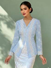 1pc Elegant Lace Patchwork Long Sleeve Blouse, Blue - Baby Blue - View 4