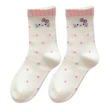 MINISO Hello Kitty 荷葉邊中筒襪，優質棉混紡，柔軟透氣親膚，彈性休閒襪，圓點與蝴蝶結印花，舒適時尚襪，適合日常穿著、街頭風格與日常使用 - 樣式 3 - 查看 6