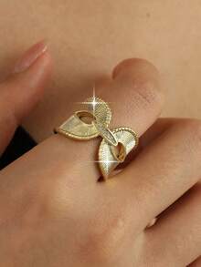 1 pieza Anillo de compromiso de lujo con forma de arco simétrico de circonita cúbica, anillo estilo corte retro con apertura para mujeres, regalo & uso diario, uso en fiestas y banquetes - Amarillo Oro - Ver 2