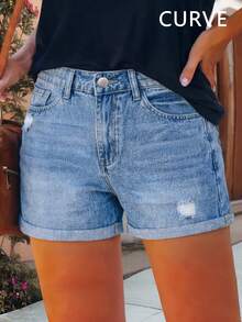 Plus Size Solid Color Washed Wide Leg Shorts, Casual Straight Leg Denim Summer - Medium Wash - View 2