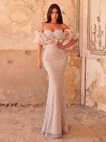 Faeriesty Elegant Alluring Long Sequin Evening Gown, With Ruffle Open Shoulder Sleeve Design, Beaded Details And Bust Padding, Suitable For Formal Celebration Occasions Wedding Party - Apricot - View 4