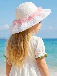 1 Stück Mädchen Kinder Strohhut, beiger Mesh Stroh Strandhut, Sommer Sonnenhut, leicht atmungsaktiv mit breiter Krempe, für Urlaub/Feiertage Strand/Meeresküste Outdoor Sport, passt für Kinder im Alter von 3--8 Jahren - 1PC - Übersicht 1