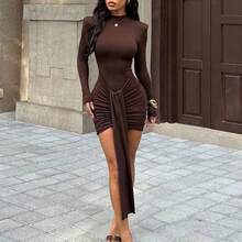 guang zhou mi qian shang mao 1 pieza Vestido midi de cuello alto con volantes de tela de punto de unicolor elegante, para fiesta, cumpleaños, cena formal, cita nocturna, graduación, boda - Negro01 - Ver 4