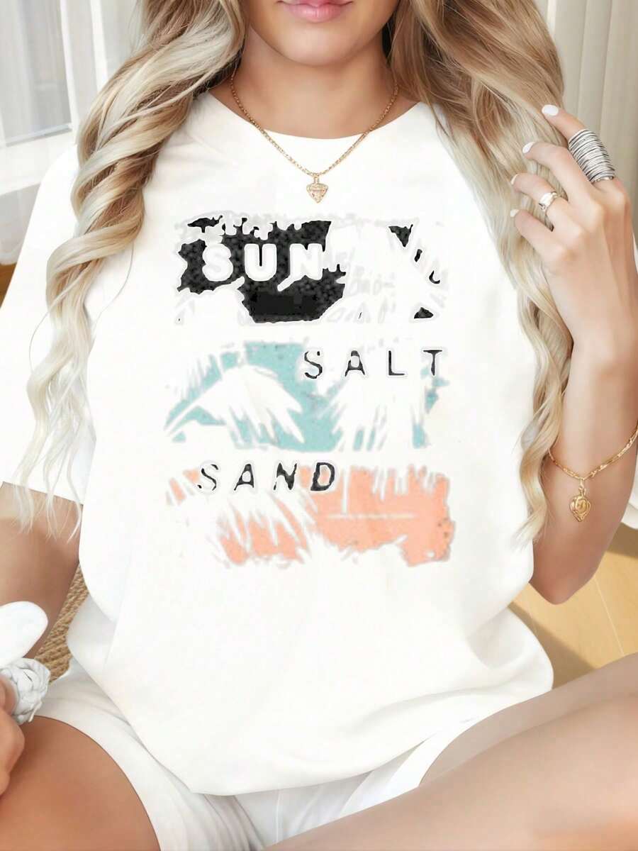 Ideal For Casual Occasions. Women's Crew Neck Short-Sleeved T-Shirt With A Fun Print. Features A Palm Tree, Sun, Salt, And Sand Graphic. Perfect For Summer, This Loose-Fitting Black T-Shirt Is Suitable For Valentine's Day, Christmas Parties, Sports Activities, Holiday Parties, Outings, And Other Festive Occasions. (220g) Designed To Meet The Fashion Needs Of Contemporary Women, This Stylish And Comfortable Everyday Wardrobe Solution Is A Stylish And Fashionable Choice. - 白色 - 查看 1