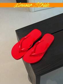 Women's Red Flip Flops, Lightweight Casual Pool/Beach Slippers, Solid Red Color Quick-Dry Beach Sandals, Basic Red Flip Flops Comfortable For Summer - Red - View 6