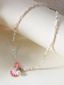 1pc Pink Shell Starfish Conch Seed Bead Beaded Necklace, Women's Jewelry, Suitable For Daily Wear, Dating, Beach Vacation - Pink - View 3