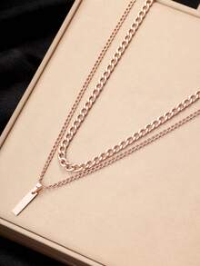 Men's Stainless Steel Cuban Link Chain Necklace Set, 2Pcs Silver Tone Curb Chain With Rectangular Bar Pendant, Hip Hop Punk Fashion Jewelry Gift For Him - Rose Gold - View 2