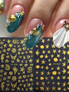 Adesivos de Unha em Formato de Concha Dourada e Prateada, Adesivos de Unha em Formato de Estrela-do-Mar Colorida para Arte de Unhas, Adesivos de Arte de Unhas em Relevo 5D, Decalques de Unhas de Verão e Oceano, Design de Unhas Iridescentes, Decoração de Unhas, Acessórios de Manicure para Mulheres - Multicolorido - Visão 5
