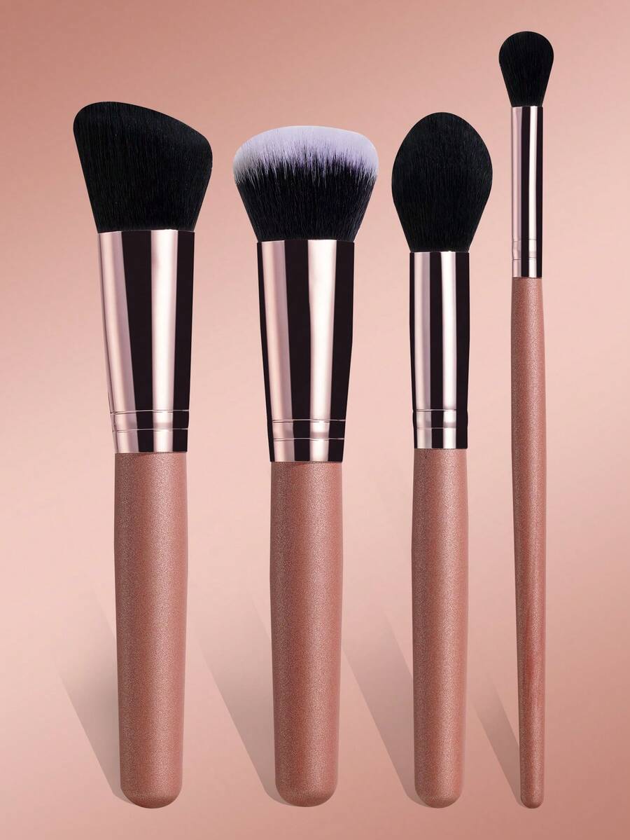 BS-MALL Cost-Effective / Great Value For Money 4pcs Essential Full Face Makeup Brush Set In Vibrant Red, Flawless Powder Blush Contour & Eyeshadow Kit, Budget-Friendly Beauty Tools - Dusty Pink - View 1