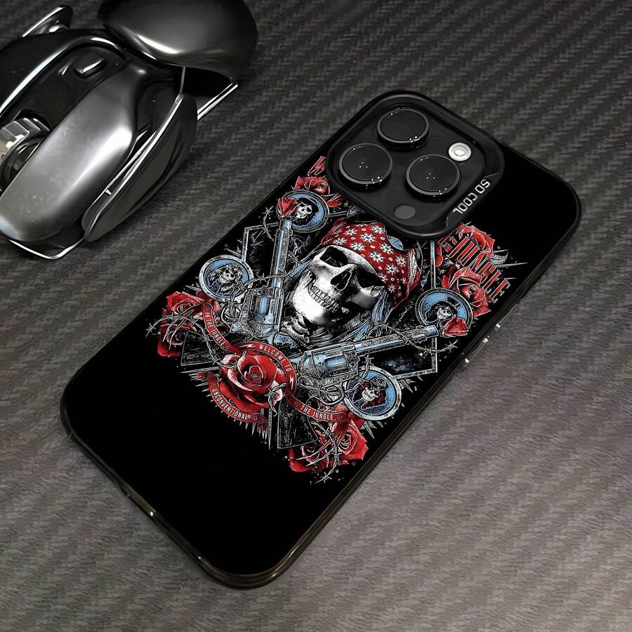 **Funda para móvil con diseño de calavera punk y rosa, compatible con Samsung, Apple, VIVO, OPPO, , Transsion, , y Honor. Fabricada en TPU, ofrece protección contra golpes y caídas. Un regalo ideal para amigos y familiares.** - Negro - Ver 1