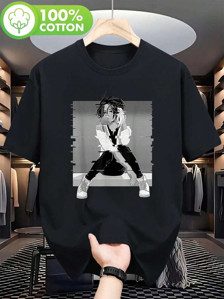 Camiseta Gráfica Negra de Anime para Mujer, Estilo Vaporwave Kawaii Japonés, Manga Corta, Estampado de Arte Digital, Ajuste Casual y Cómodo, Cuello Redondo, Uso en Todas las Temporadas, Ropa de Estética Futurista - Negro - Ver 1